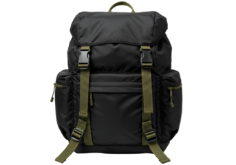 Black travel backpack with olive green straps isolated transparent background