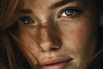 Obraz premium Close-up of a young woman with striking freckles and vibrant blue eyes, captured in soft natural light during a serene moment