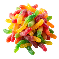 A pile of colorful gummy worms candy isolated on transparent background