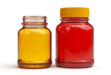 Bottles of colorful liquid supplements vitamins health wellness product mockup