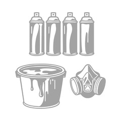 Spray Paint Art Supplies Cans, Bucket, and Mask Collection Illustration