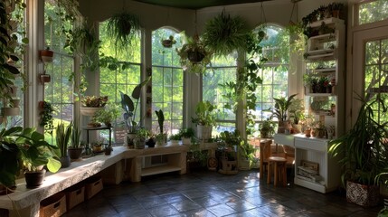 Fototapeta premium Bright Indoor Garden Room Filled with Lush Houseplants
