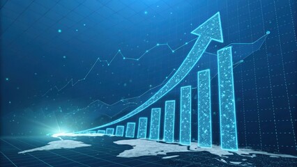Digital glowing bar graph with upward arrow on world map background chart data
