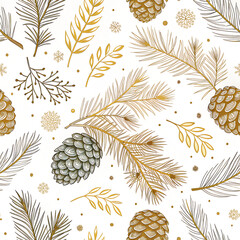 Clean pine cone outlines, thin lines, gold accents, seamless luxury holiday design.
