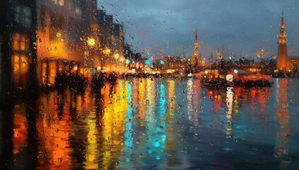 Rain-streaked window view of a vibrant, nighttime cityscape reflected in wet pavement and water, showing blurred figures and colorful lights