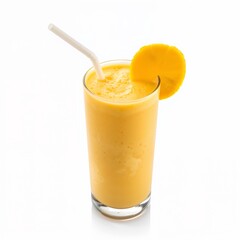 Fototapeta premium A mango smoothie garnished with a mango slice and straw.