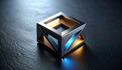 Fototapeta premium Geometric Cube with Metallic Sheen and Contrasting Blue and Gold Illumination