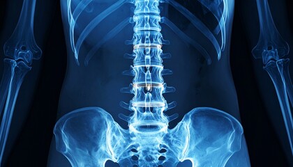 Detailed x-ray image of the human lower spine (lumbar region) showing vertebrae, intervertebral discs, and bone structure for medical diagnosis, spinal health assessment, and orthopedic evaluation