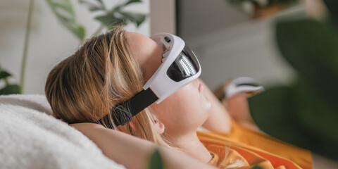 Woman relaxes with smart massage device on eyes at home, showing wellness, calm, mindfulness, recovery, digital care, technology, Gen Z lifestyle, comfort, balance, recharge, rest, breathing.