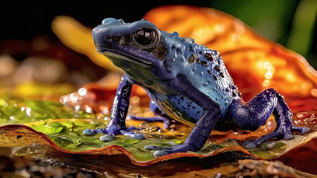 vibrant blue poison dart frog on leaf