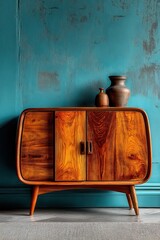 Stylish wooden sideboard against a blue textured wall with pottery decor