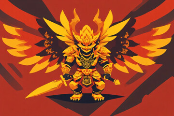 Epic Golden Armored Warrior with Wings and Sword - Fantasy Vector Illustration