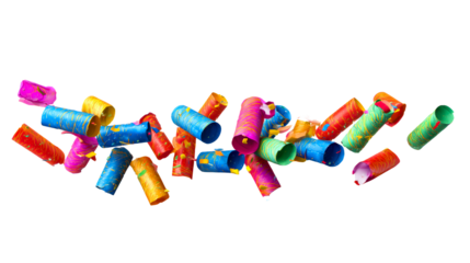 Colorful party poppers exploding with confetti, transparent PNG