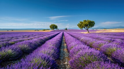 Lavender Fields Under Bright Blue Sky with Lush Green Trees