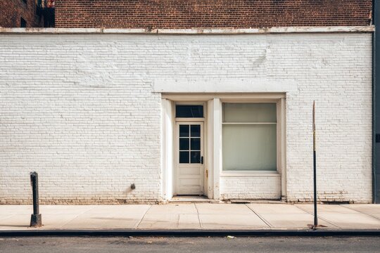 White brick storefront with a rustic door and large window on a quiet urban street in the afternoon light