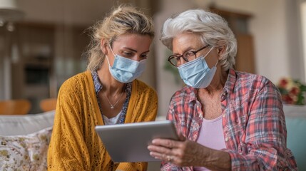 doctor and senior woman going through medical record on digital tablet during home visit wearing face mask old woman with nurse with surgical mask and using digital tablet during coronavirus pandemic