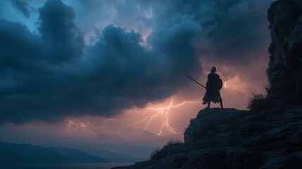 Legendary Warrior Standing on Cliff Under Dramatic Lightning Sky