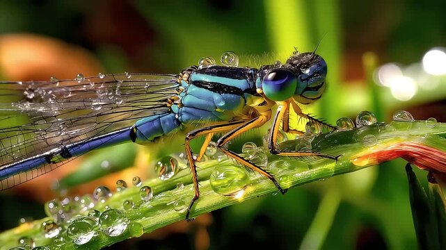 blue damselfly resting on green leaf with dewdrops