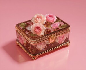 Rectangular glass trinket box with gold trim, containing delicate pink and peach soap roses, sits on a pink background