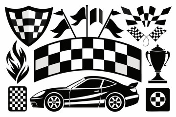 Feel the Thrill with this Racing Vector Graphic, Featuring a Sleek Car, Checkered Flags, and a Victory Trophy, Perfect for Motorsport Enthusiasts and Automotive Designs
