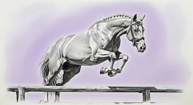 Elegant grey show jumper with braided mane in a realistic pencil drawing over a wooden fence. - Powered by Adobe