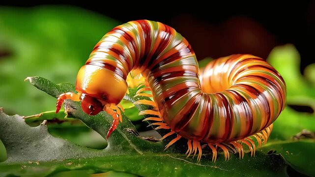 colorful millipede macro shot on green leaf