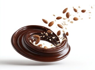 Swirling dark chocolate ring with almonds and almond slivers dynamically arranged around and within it, set against a stark white background