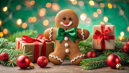 Photo of festive gingerbread man cookie with green bow, surrounded by christmas decorations, pine branches, and bokeh lights, evoking holiday cheer and sweetness