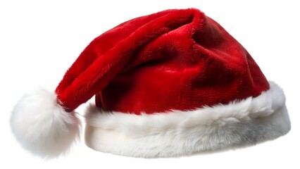 Photo of red santa claus hat with white fluffy trim and pompom, isolated on white background, a classic symbol of christmas celebration and holiday spirit