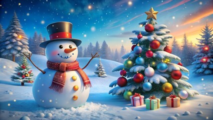 Fototapeta premium Photo of a cheerful snowman with a hat and scarf stands beside a decorated christmas tree in a snowy winter landscape with twinkling lights and falling snow