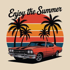 Enjoy the Summer - Retor Muscle Car and Palm Trees T-Shirt Design.