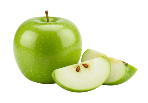 Fresh green apple with slices transparent background 