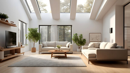 Spacious and bright open-plan living room with high ceilings and skylights