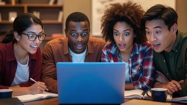 Group of colleagues displaying incredible amazement and wonder while looking at screen in captivating slow motion zoom
