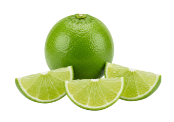 Fresh green lime with slices transparent background food photography