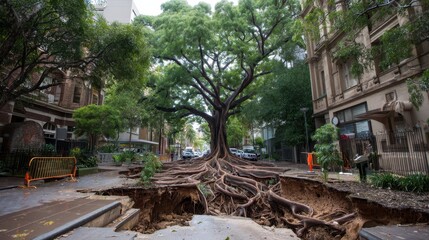 Massive Tree Roots Breaking Through Urban Streets in City Landscape