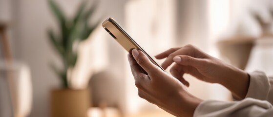 Obraz premium The smartphone held in hands while browsing digital content in a cozy environment.