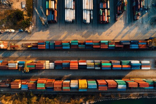 Shipping containers arranged orderly at a bustling port during sunset