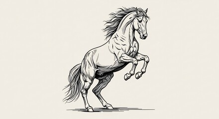 Dynamic black and white sketch of a powerful horse rearing with a flowing mane.