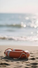 Obraz premium Orange and white lifebuoy on sandy beach with sea waves in background
