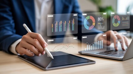 Business Data Analysis - A businessman using a digital pen on a tablet and a laptop, with a dashboard showing charts and graphs, for financial analysis