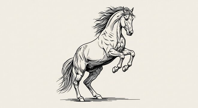 Dynamic black and white sketch of a powerful horse rearing with a flowing mane.