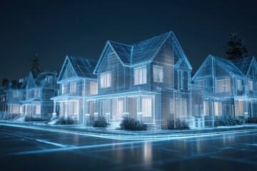 Digital representation of modern houses in a suburban neighborhood at night illuminated by blue light