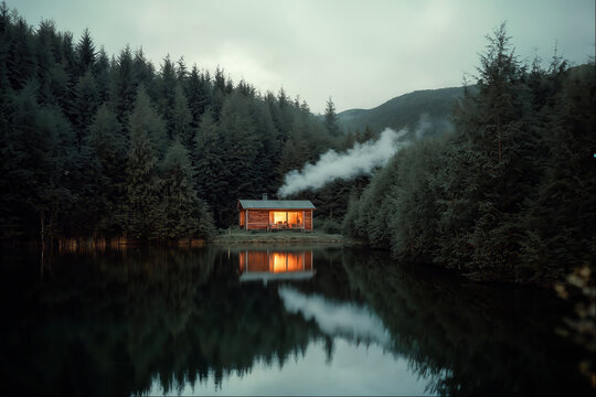 Fototapeta Cabin reflection at a forest lake in the morning