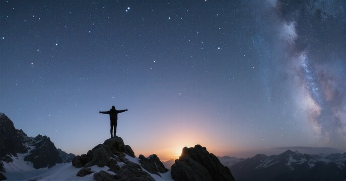 Silhouette of a person standing on a rocky peak with arms outstretched under a starry night sky