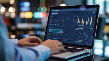 Dynamic data analysis on laptop with financial charts for business decisions and strategic planning success