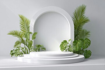 Minimalist white tiered podium with arched backdrop, surrounded by lush tropical greenery against a muted white background