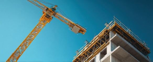 The construction crane towering over a modern building site under a clear sky.