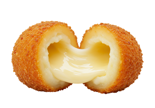 Fried mozzarella cheese ball halved with stretched melted filling