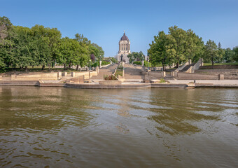 View of the Manitoba Legislative Building as seen from the Assiniboine River in Winnipeg, Canada